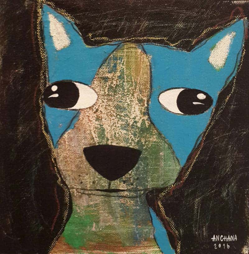 Ja - Blue dog with funny eyes - 20 x 20 - 3-9