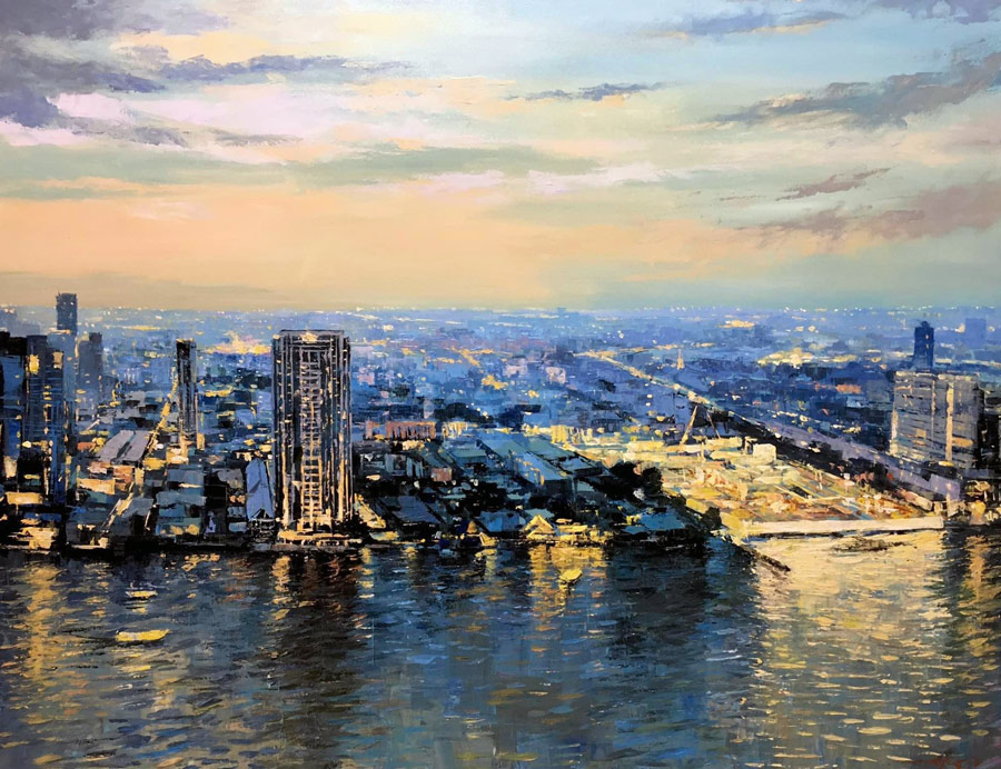 Thai art for sale - Warapote - Chao Phraya River In The Evening - 100x130 - 15