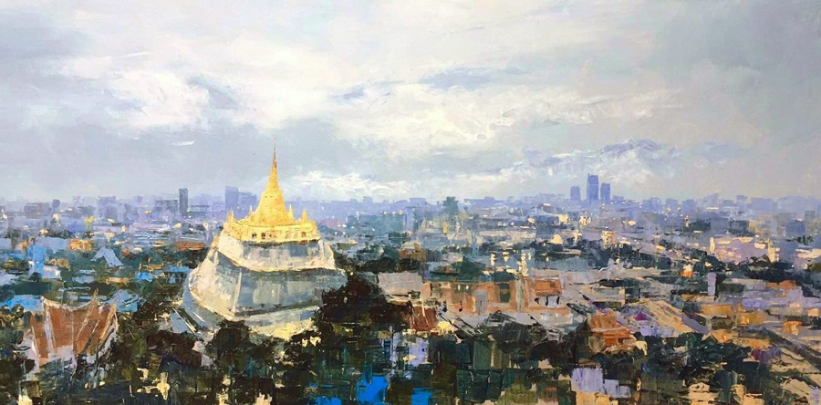 Thai art for sale - Warapote - The Golden Mount View - 60x130 - 12