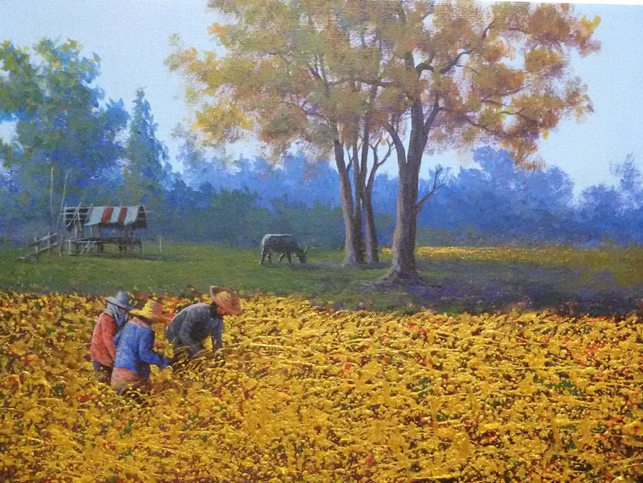 Thai art for sale - Anurak - Rice Field and Farmers 012 - 100x140 - 12