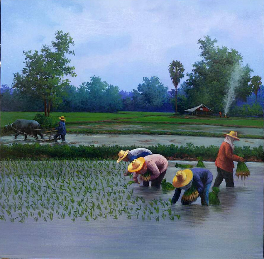 Thai art for sale - Anurak - Rice rice Field and Farmers 021 - 100x100 - 8