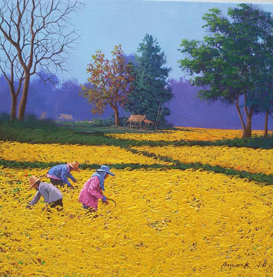 Thai art for sale - Anurak - Rice rice Field and Farmers 023 - 100x100 - 8