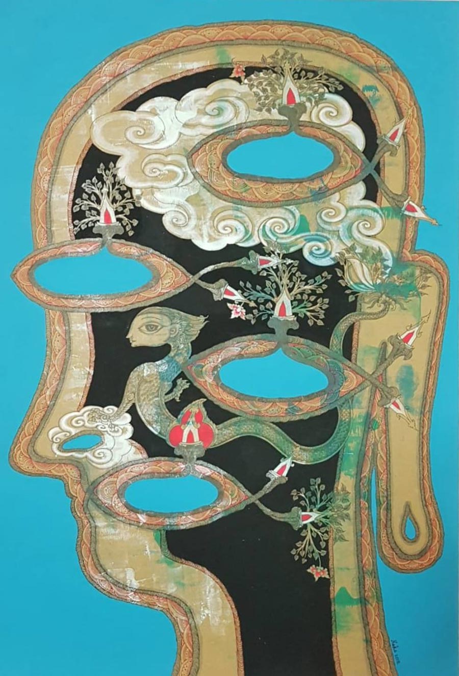Thai art for sale - Nak - Brain has 4 Rooms - 54.5x79 - 11