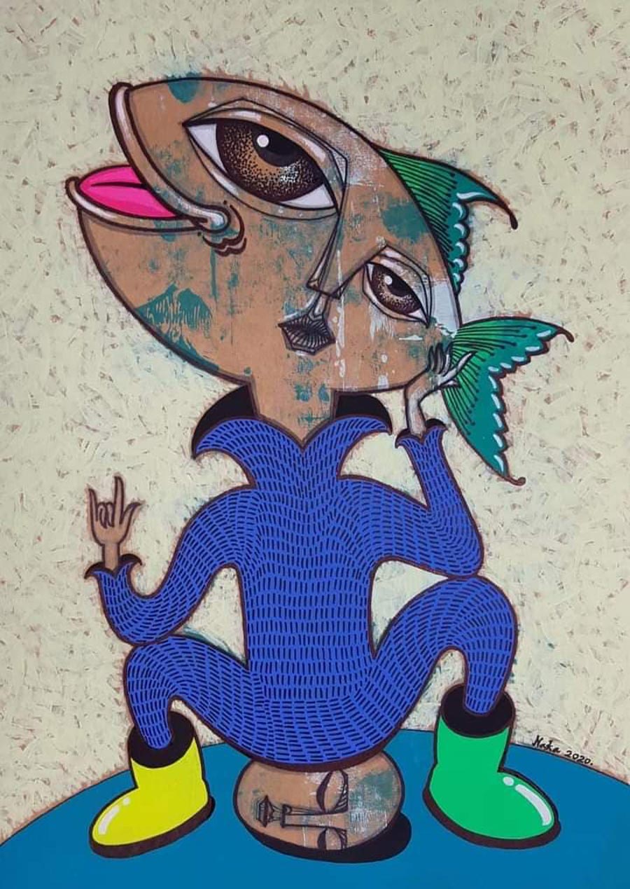 Thai art for sale - Nak - Fish Head Man - 39.5x54.5 - 5