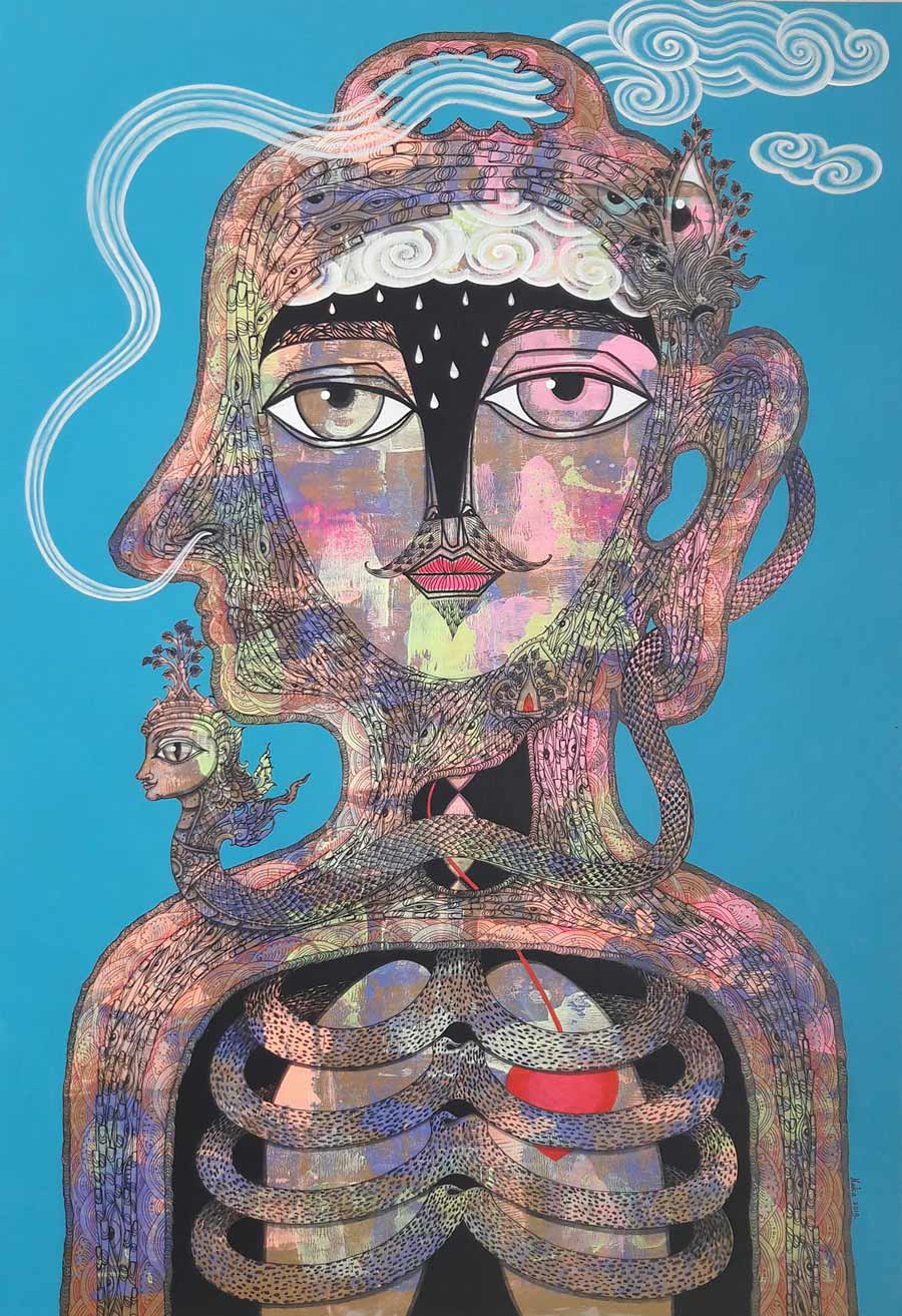 Thai art for sale - Nak - Smoking of Nirvana 02 - 54.5x79 - 11