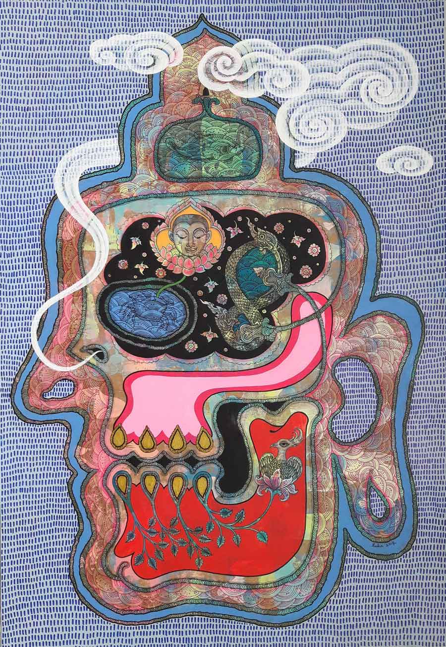 Thai art for sale - Nak - Smoking of Nirvana 03 - 54.5x79 - 11
