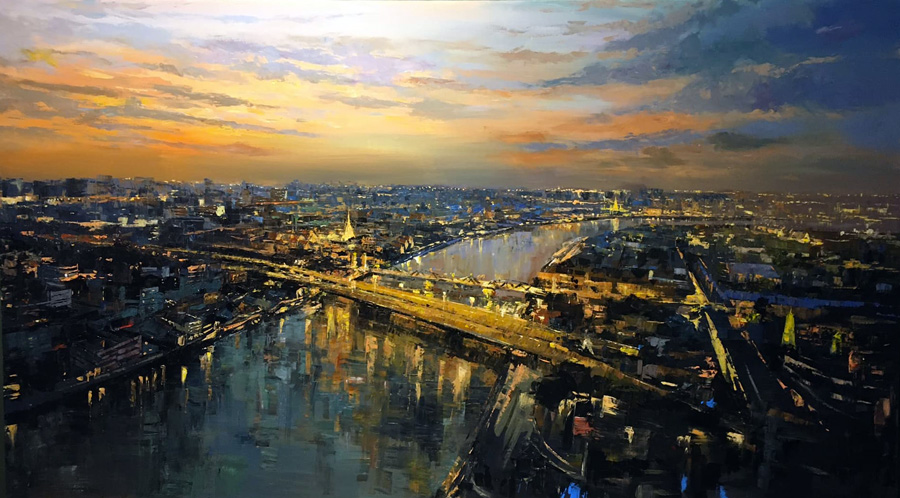Thai art for sale - Warapote - Bangkok River City View - 250x140 - 50