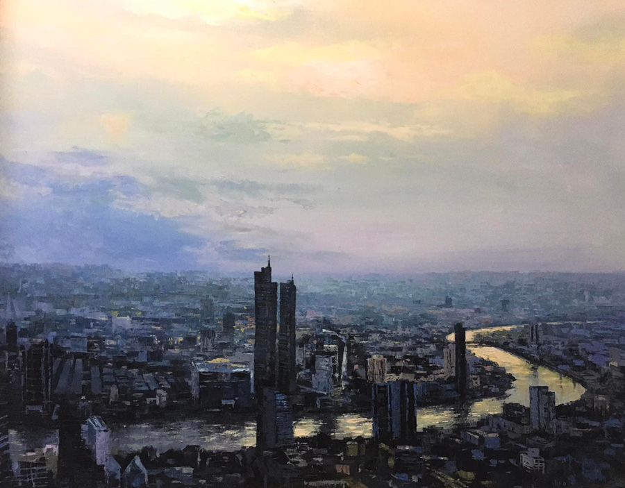 Thai art for sale - Warapote- Chao Phraya River Getting Dark - 100x128 - 15