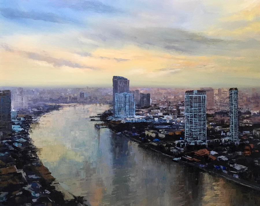 Thai art for sale - Warapote - Chao Phraya River in the Evening 01 - 125x100 - 15