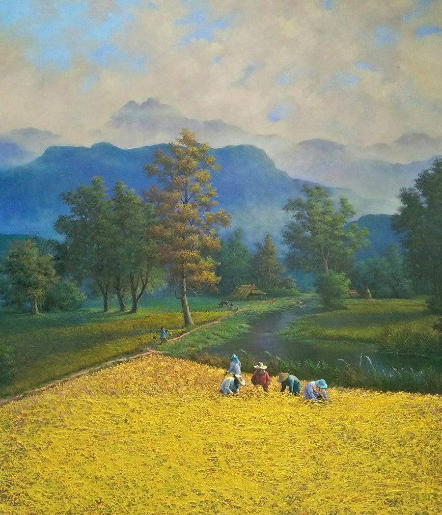 Thai art for sale - Anurak - Rice Field and Farmers 025 - 120x140 - 13