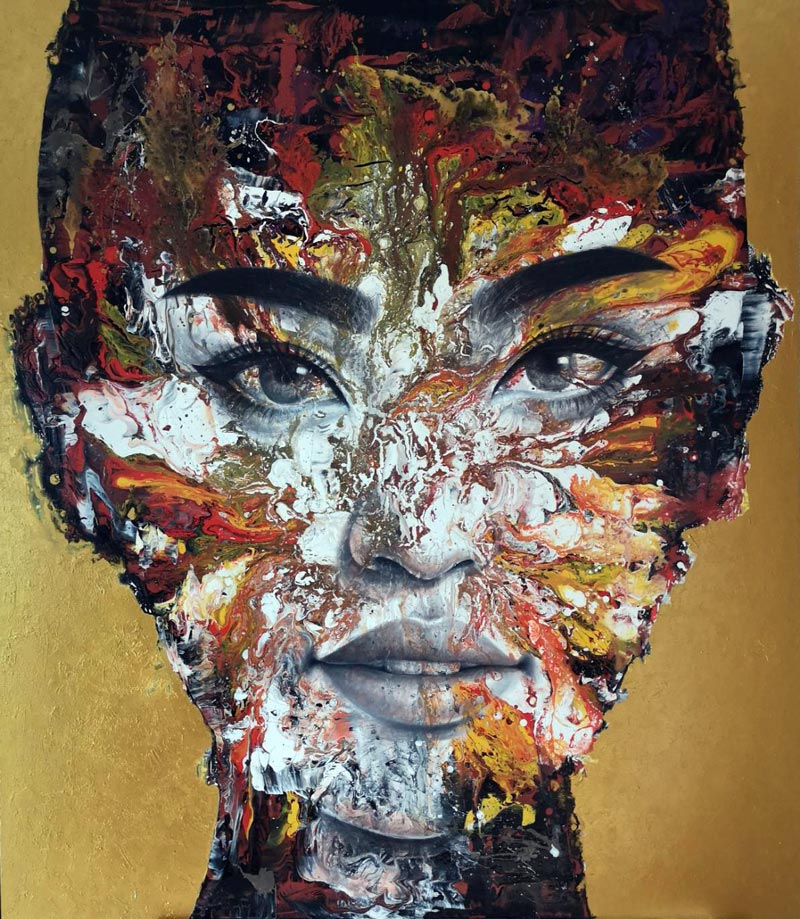 Thai art for sale - Kaipetch - Yellow Abstract Woman Face 06 - 140x160CM - 38