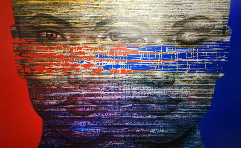 Thai art for sale - Took - Red and Blue Two Women's Faces - 150×250 CM - 70