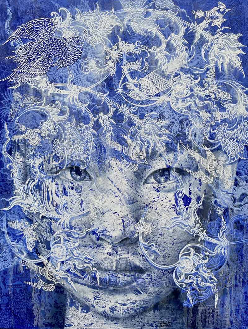 Thai art for sale - Vichit - Blue White - 145x195CM