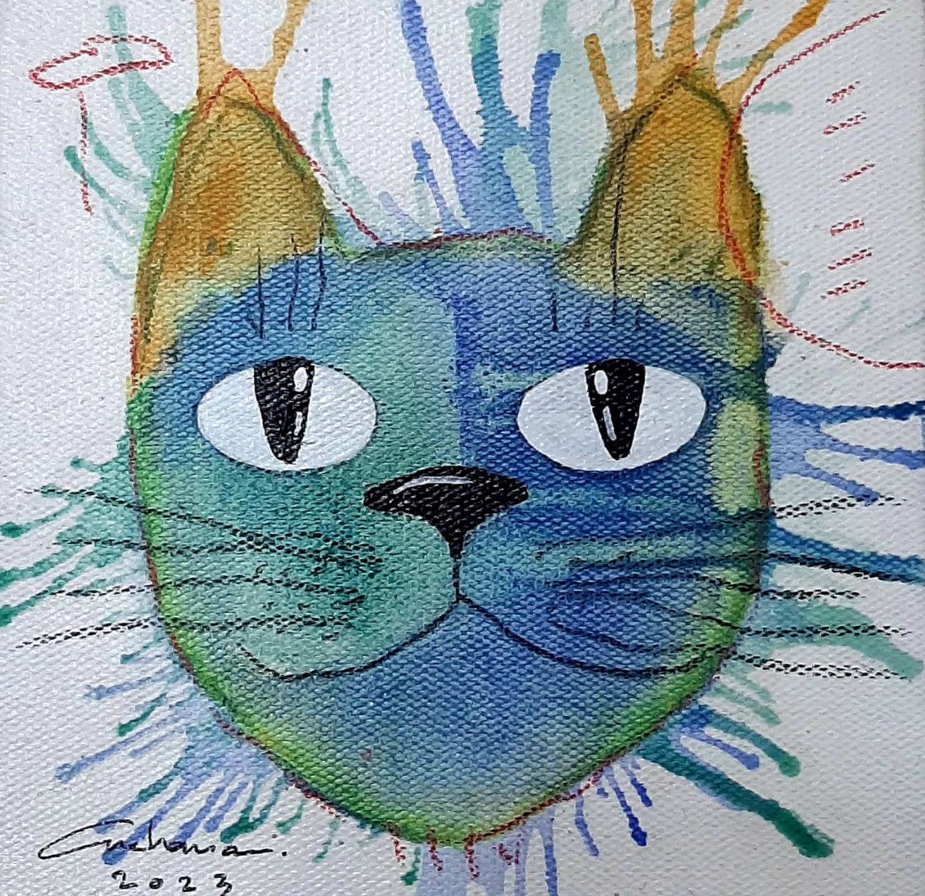 Thai art for sale - Ja - Aqua Cat - 15x15 - 6