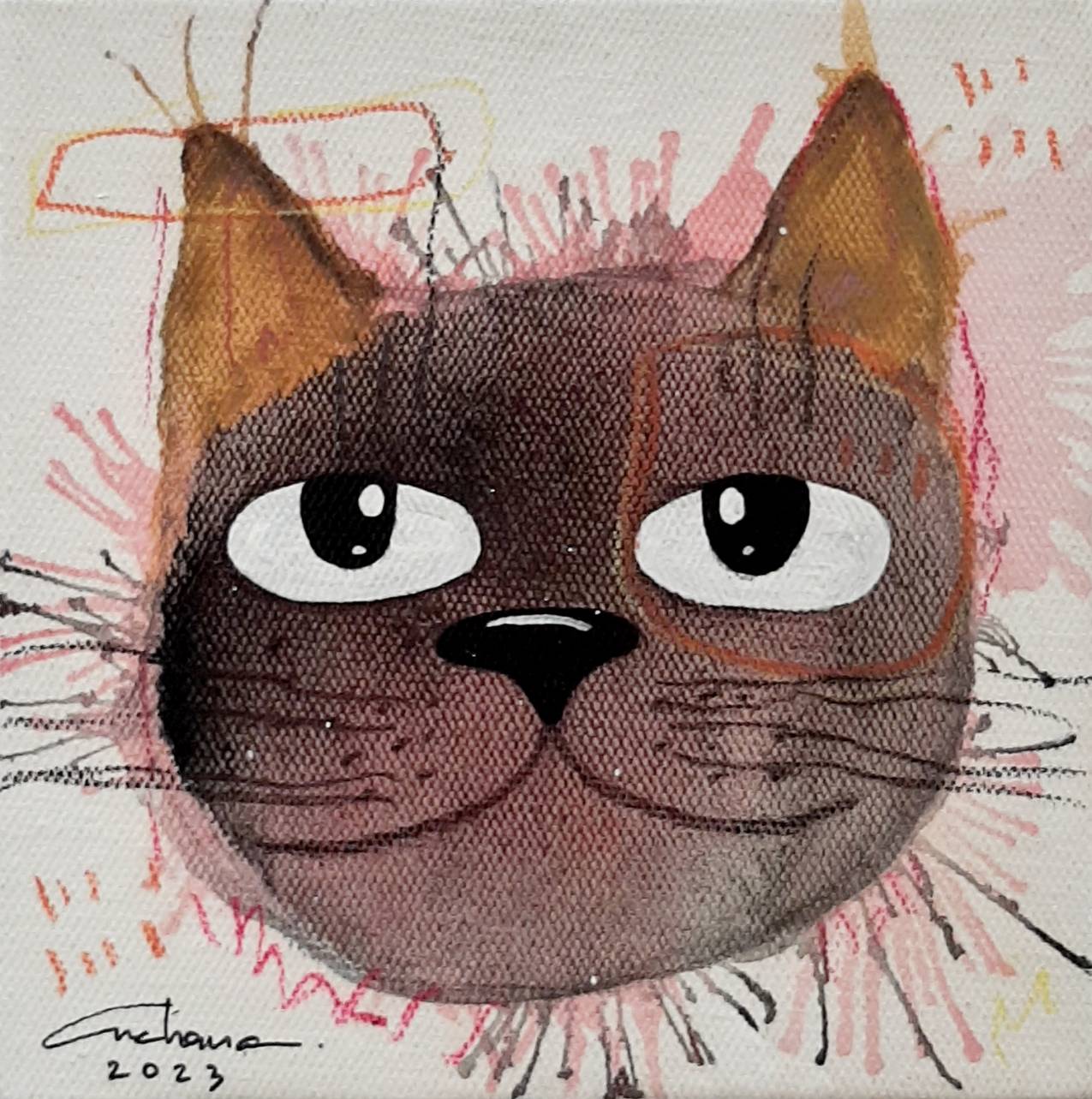 Thai art for sale - Ja - Brownie Smirk Cat - 15x15 - 6