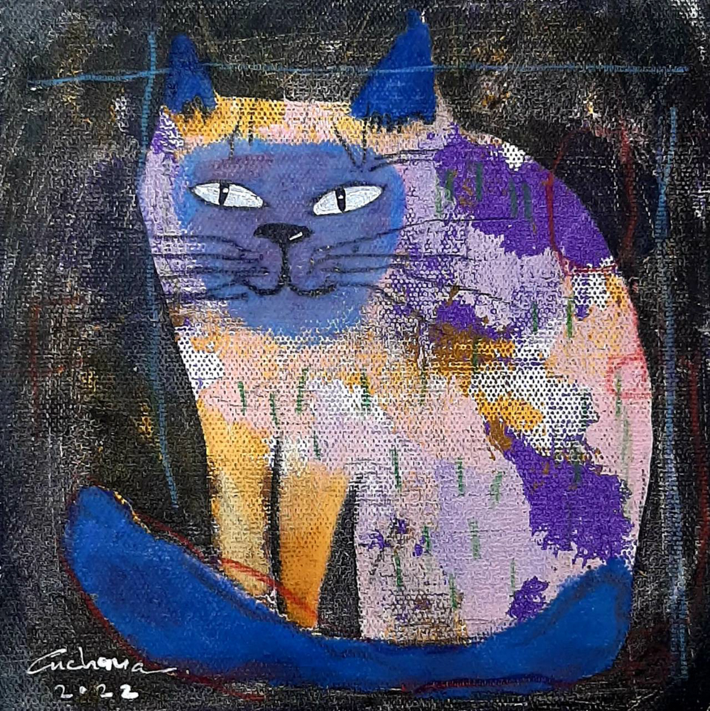 Thai art for sale - Ja - Ei Ei Black Cat - 20x20 - 9