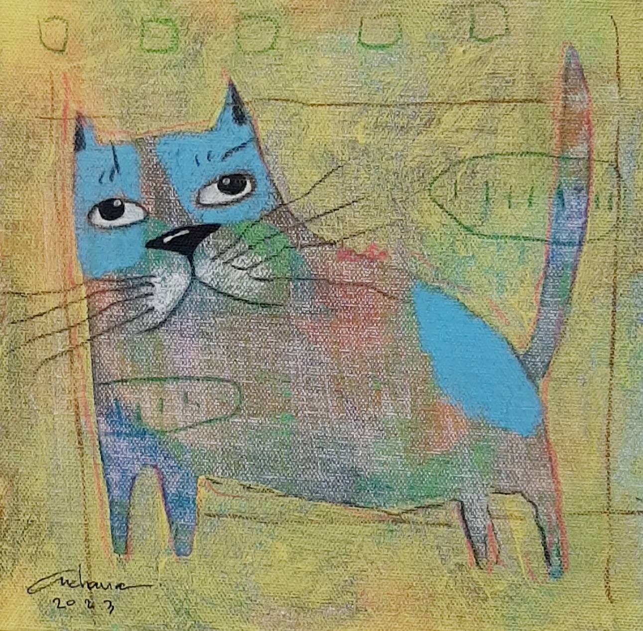 Thai art for sale - Ja - Fat Blue Cat - 20x20 - 9
