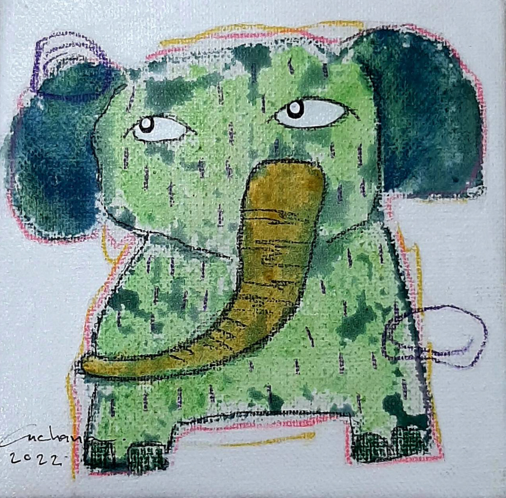 Thai art for sale - Ja - Green Elephant - 15x15 - 6