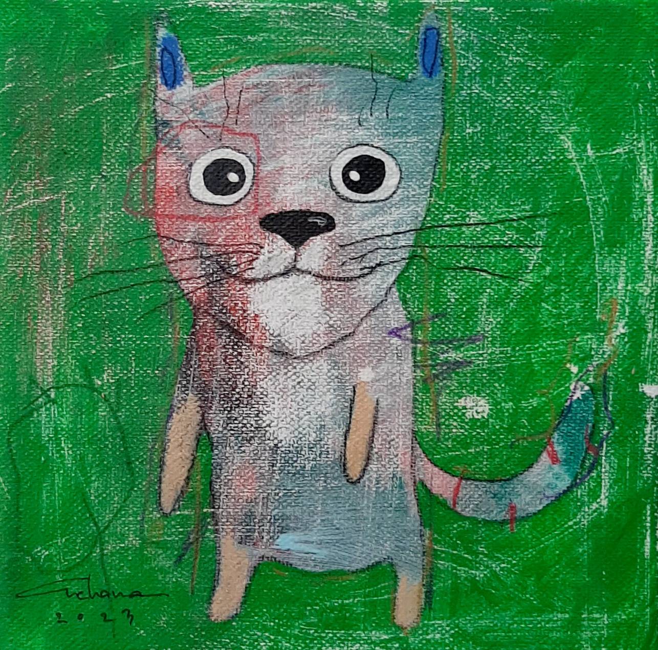 Thai art for sale - Ja - Look I can Stand Green Cat - 20x20 - 9