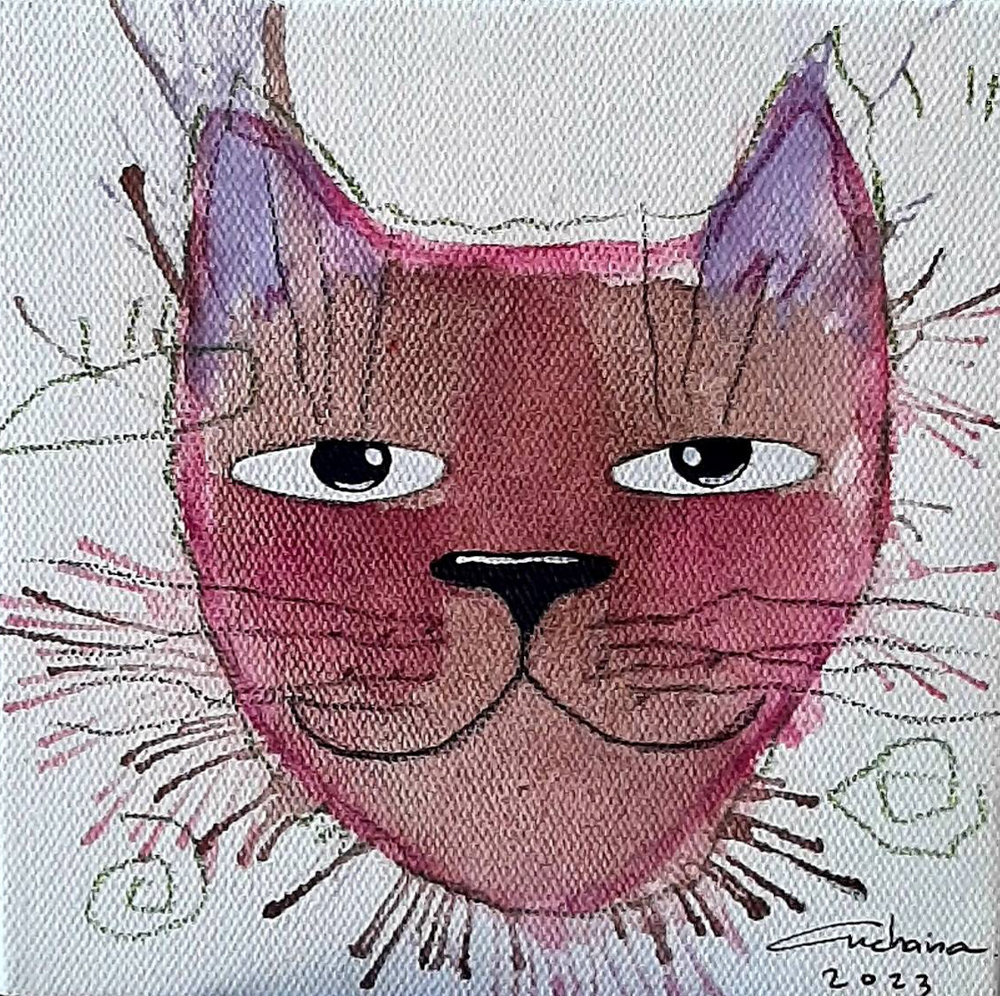 Thai art for sale - Ja - Purple Cat Smirk - 15x15 - 6