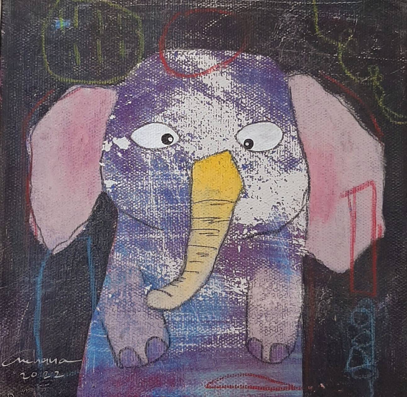 Thai art for sale - Ja - Purple Elephant - 20x20 - 9