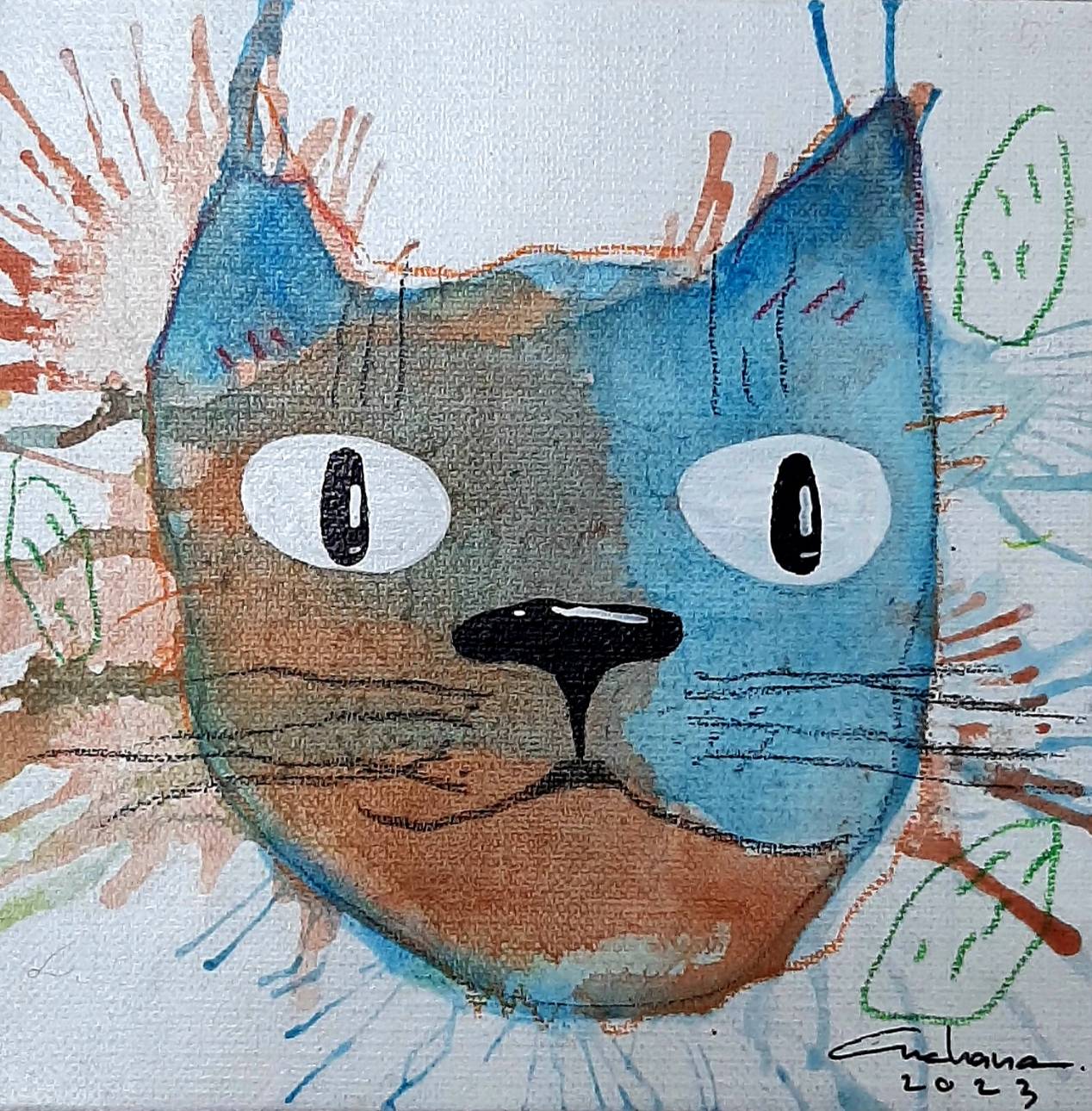 Thai art for sale - Ja - Splash Face Cat - 15x15 - 6
