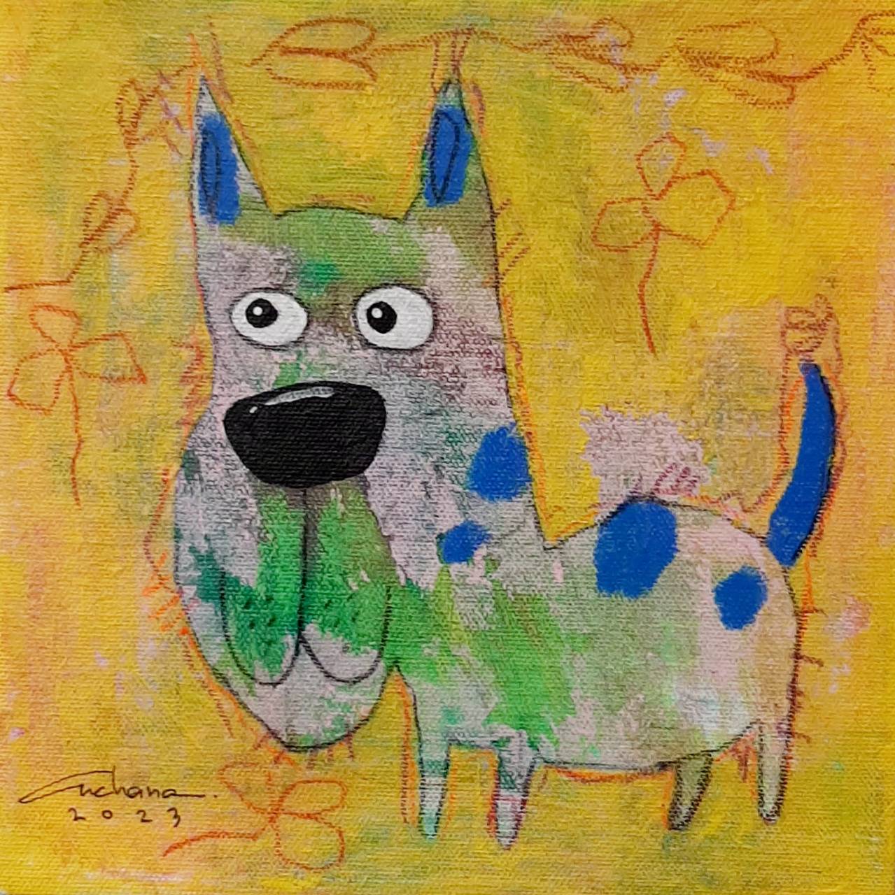 Thai art for sale - Ja - Spot Dog in The Garden - 20x20 - 9