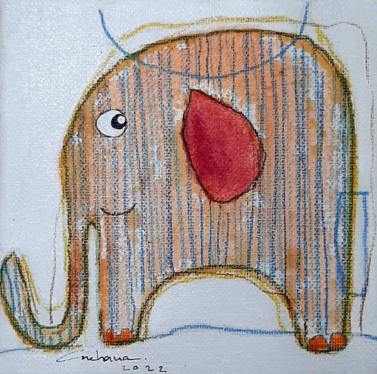 Thai art for sale - Ja - Stripe Elephant - 15x15 - 6