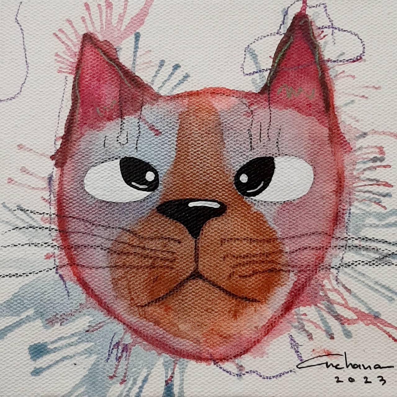Thai art for sale - Ja - Valvet Red Cat - 15x15 - 6