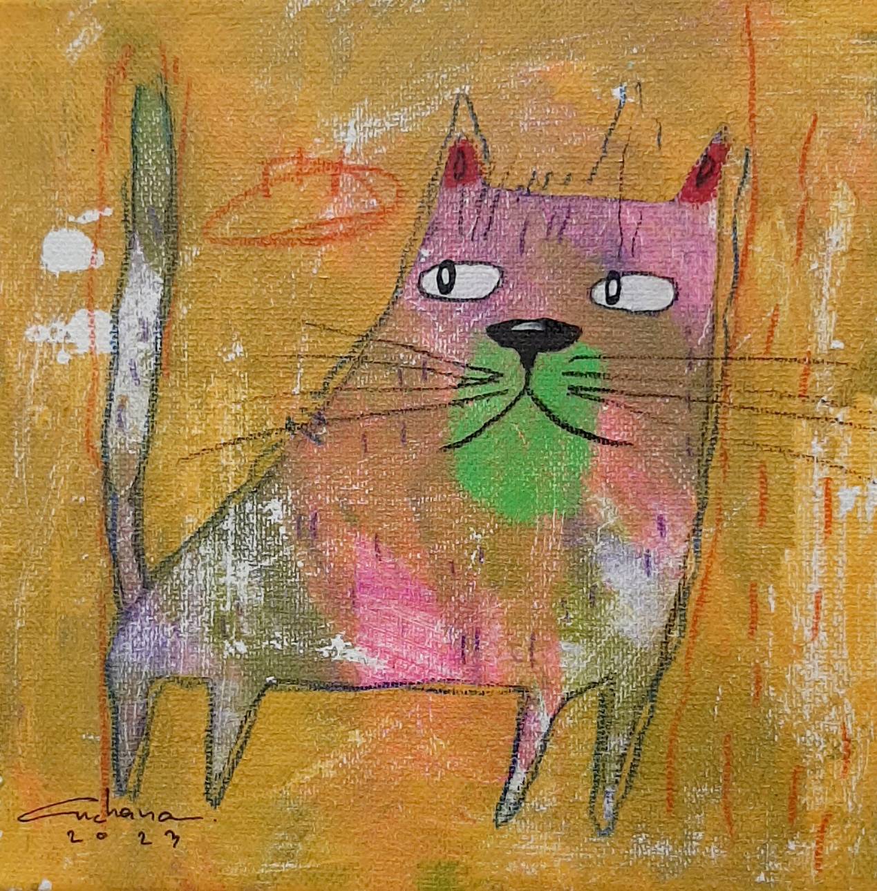 Thai art for sale - Ja - Who's Care Yellow Cat - 20x20 - 9