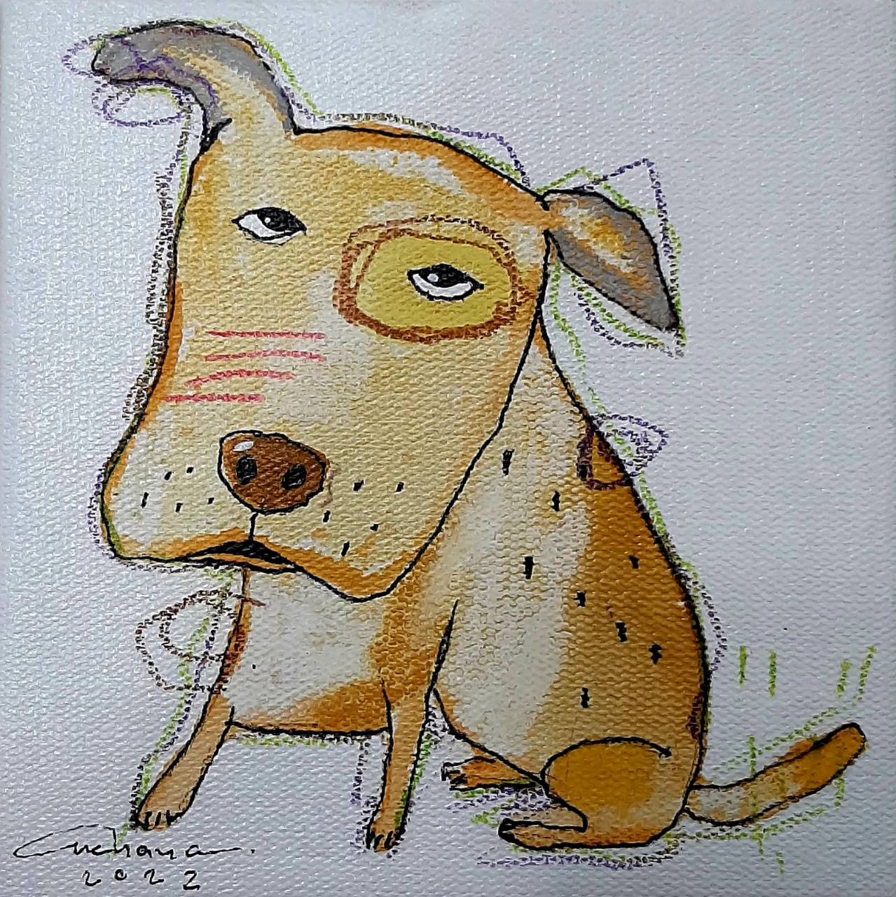 Thai art for sale - Ja - Yellow Spot Dog - 15x15 - 6