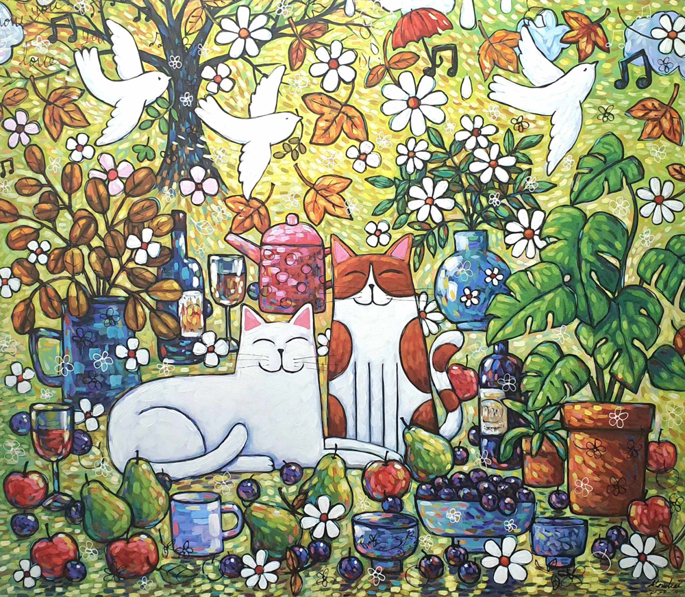 Thai art for sale - Den - 2 Cats & Tea Time - 100×120CM - 15