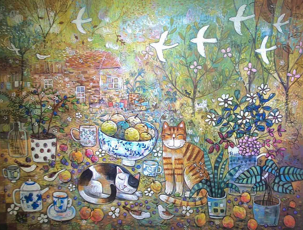Thai art for sale - Den - Outside out Cats' House - 130x170CM - 35