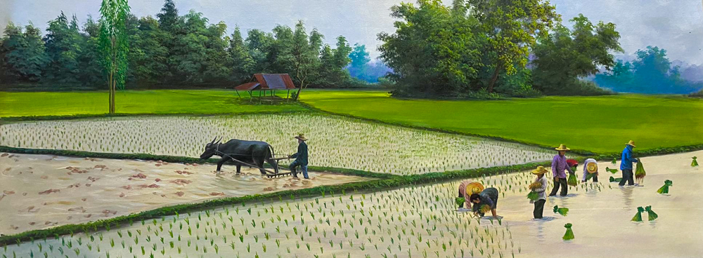 Thai art for sale - Anurak - Rice Field and Farm 028 - 103X43CM - 7