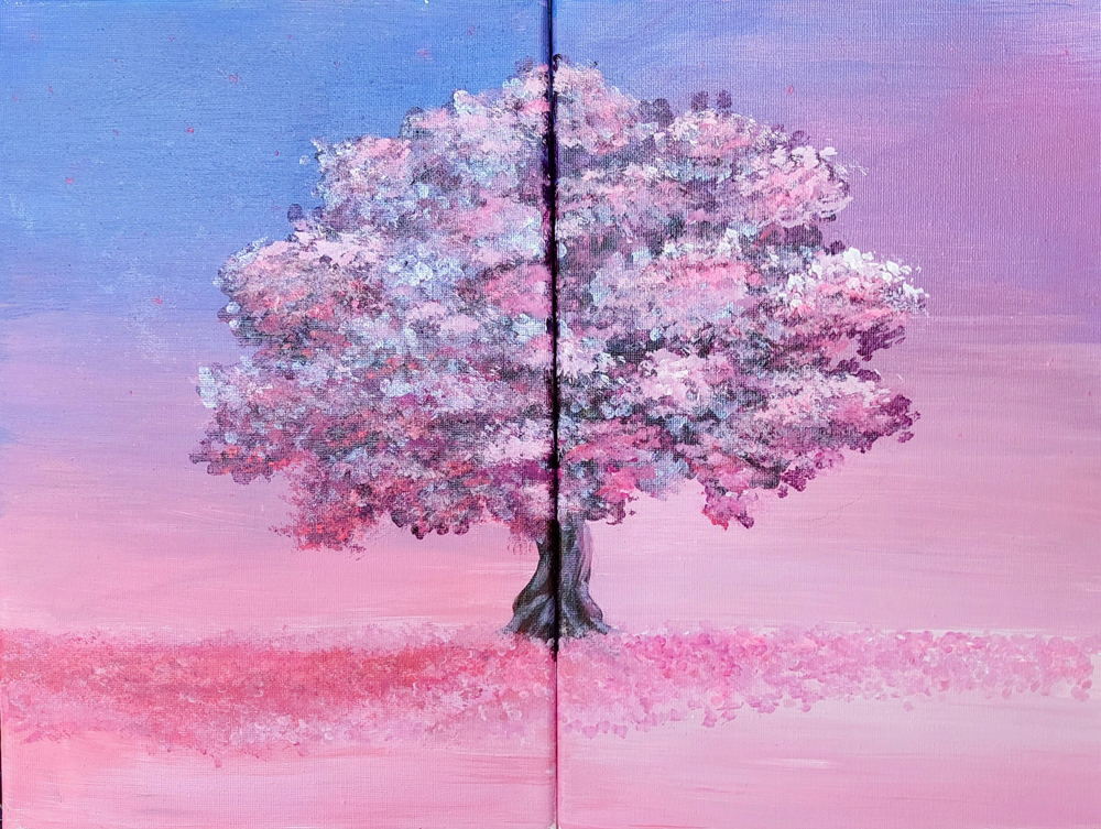 Thai art for sale - Svetlana - Abstract Seascape - Cherry Blossom Tree Under Moonlight - 40x30CM - 8